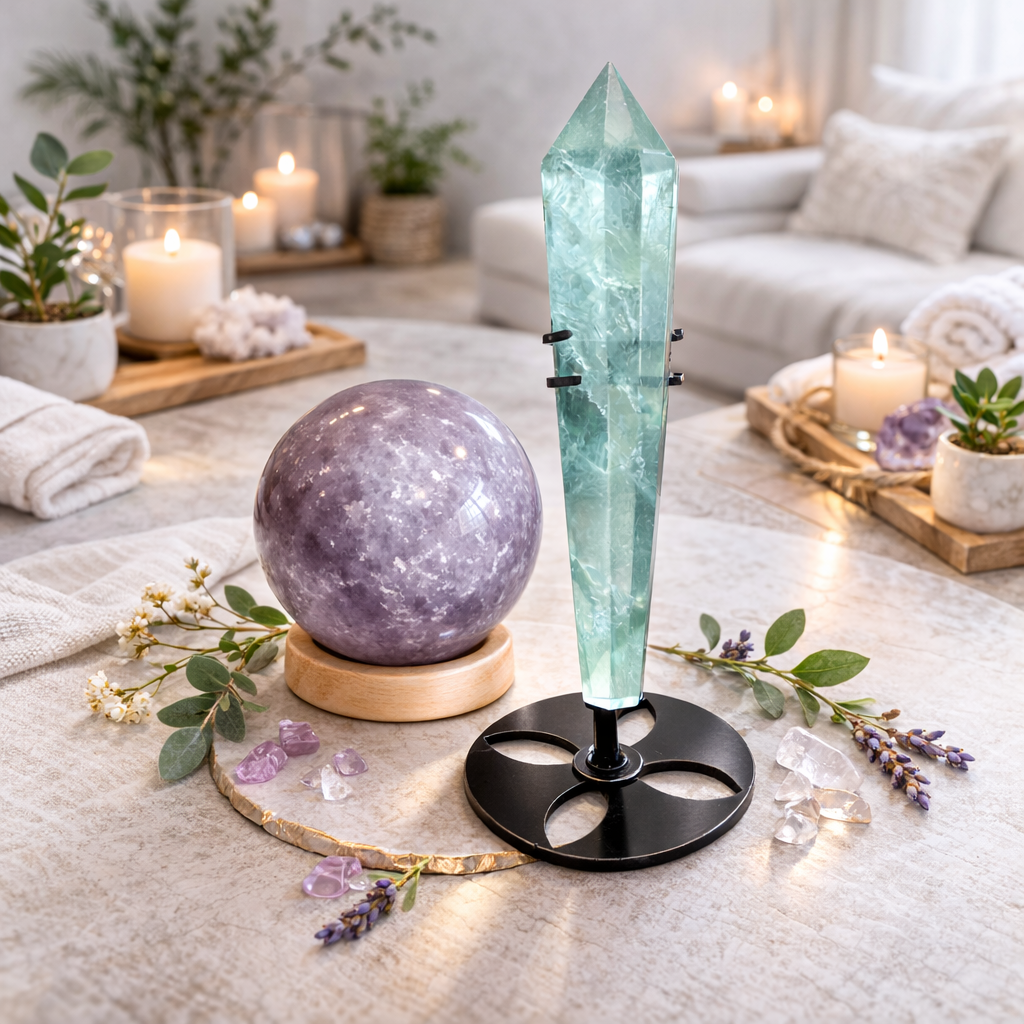 Calm & Focus Bundle Lepidolite Sphere and Green Fluorite Scepter