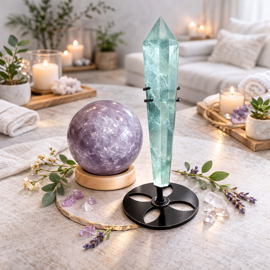 Calm & Focus Bundle Lepidolite Sphere and Green Fluorite Scepter