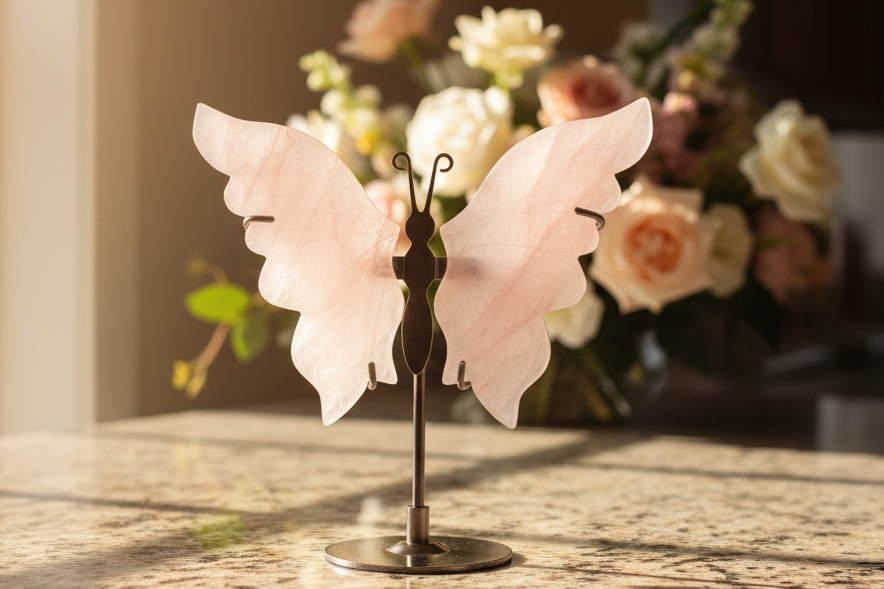 Rose Quartz Butterfly Wings with stand