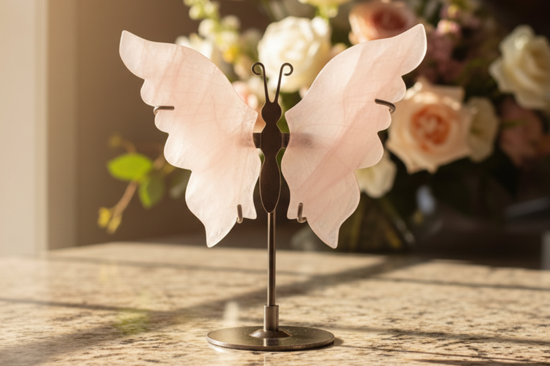 Rose Quartz Butterfly Wings with stand