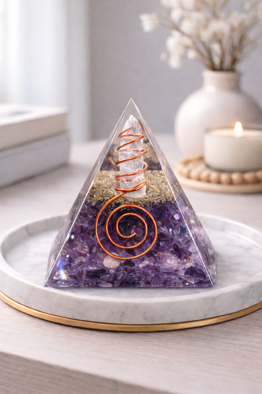 Amethyst Orgonite Pyramid with Clear Quartz & Copper Coil